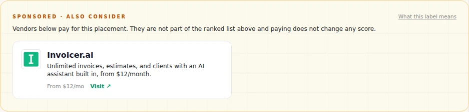 Sponsored Also Consider box on a category page with a notice that vendors pay for the placement and are not part of the ranked list
