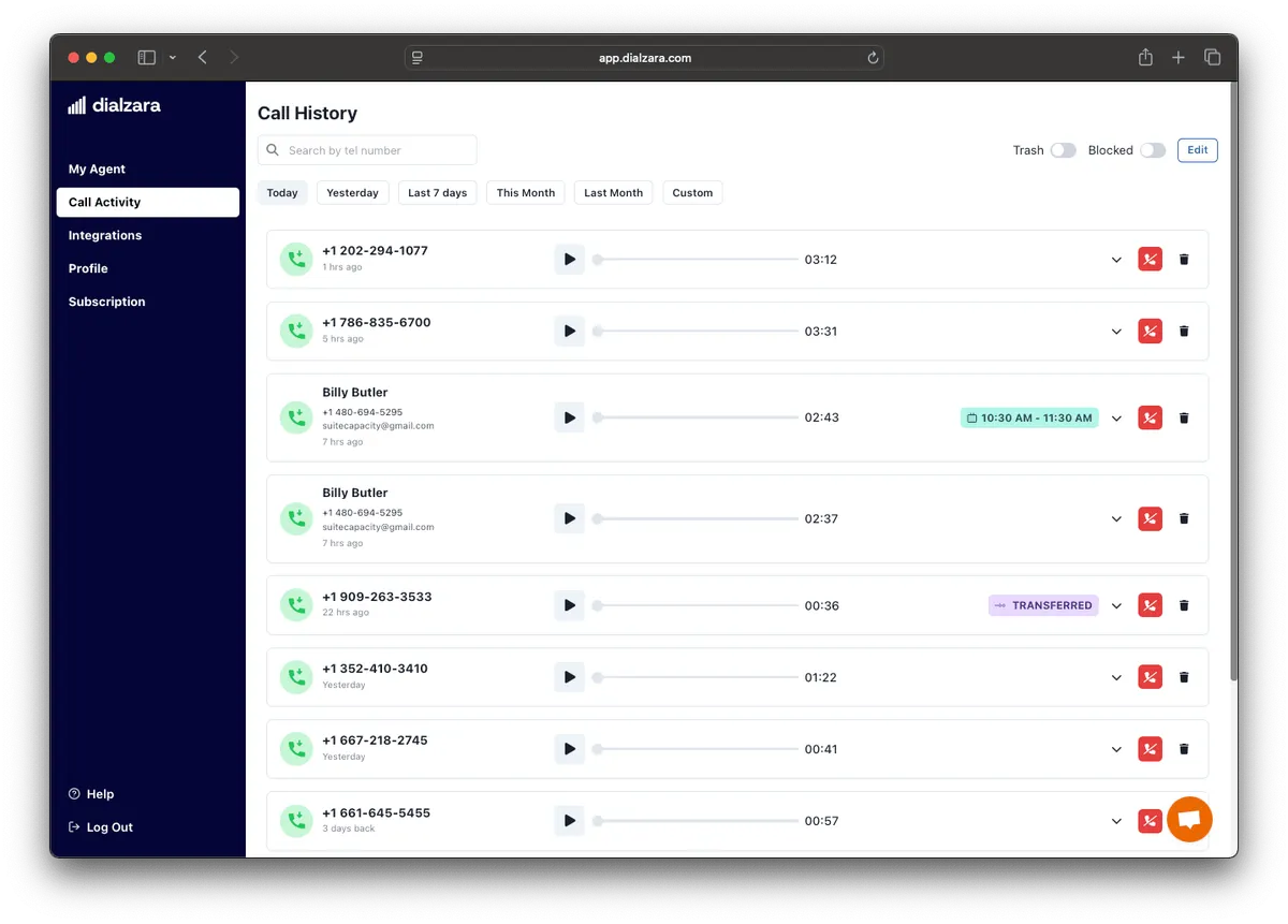Dialzara call history dashboard showing incoming calls with caller numbers, names, durations, and status tags