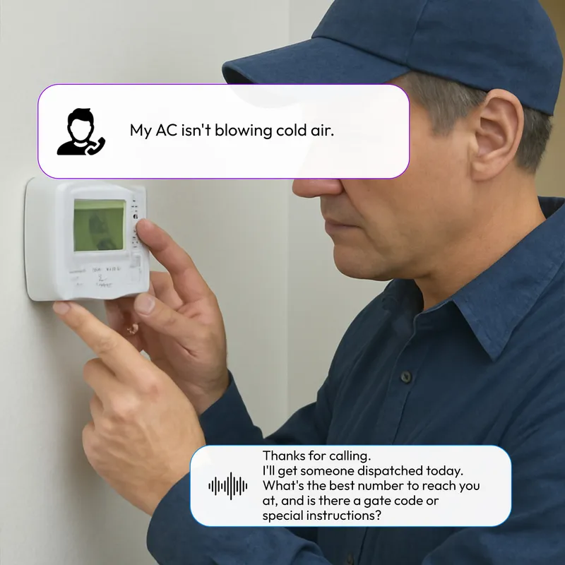 Dialzara AI handling an HVAC emergency call — dispatching a technician for an AC not blowing cold air