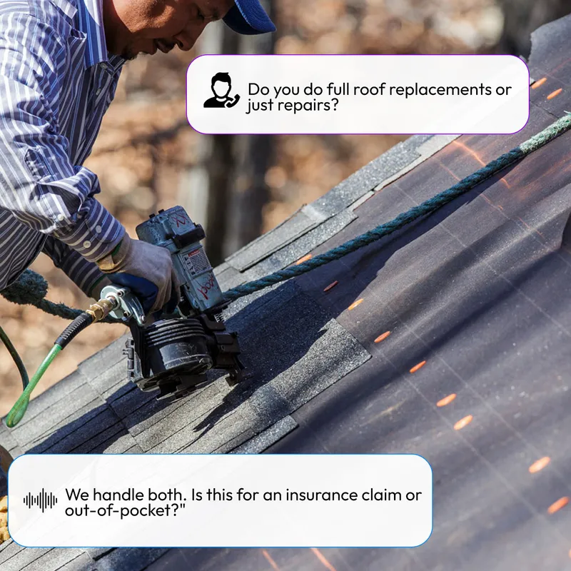 Dialzara AI receptionist handling a roofing call — asking about roof replacements vs repairs and insurance claims