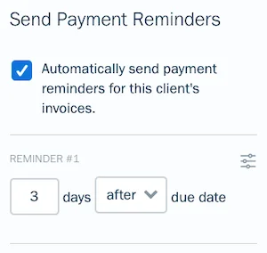 FreshBooks automated payment reminder workflow showing friendly, firm, and final reminder sequence triggered by days past due