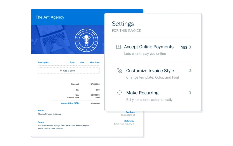 FreshBooks invoice builder showing branded template, line items, automatic late fees, and client portal payment options