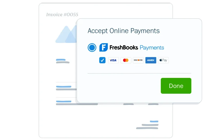 FreshBooks client portal payment options showing ACH, credit card, and deposit collection