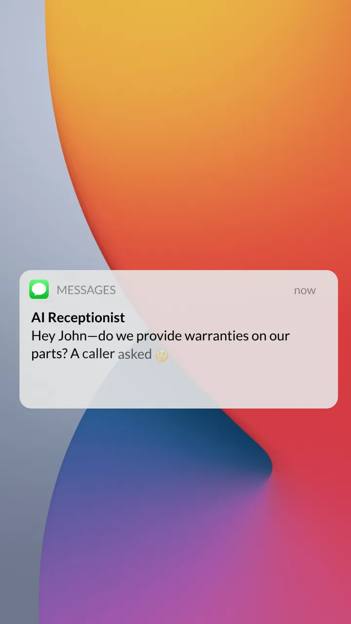 My AI Front Desk SMS notification on iPhone showing AI receptionist alerting business owner about a customer question