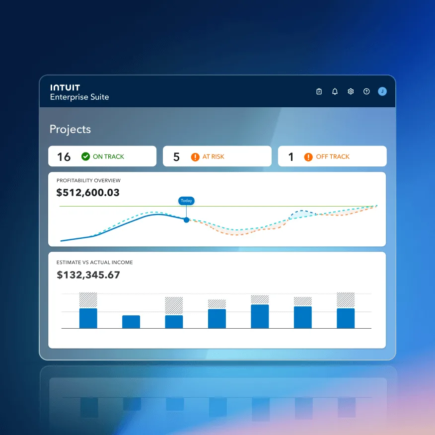 Intuit Enterprise Suite Construction Edition projects dashboard showing budget vs actual, phase-level cost tracking, and project profitability