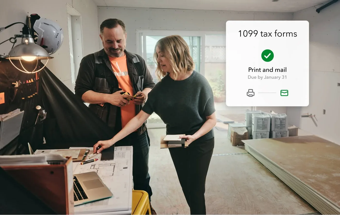QuickBooks Online contractor management view showing 1099 subcontractor payments, direct deposit status, and year-end tax reporting
