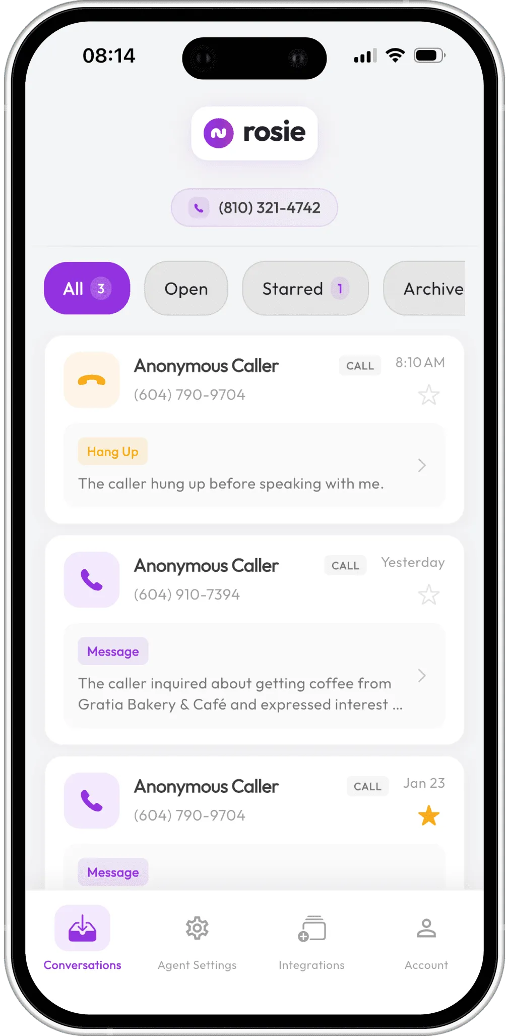 Rosie mobile app call inbox showing caller details, message summaries, and call status tags