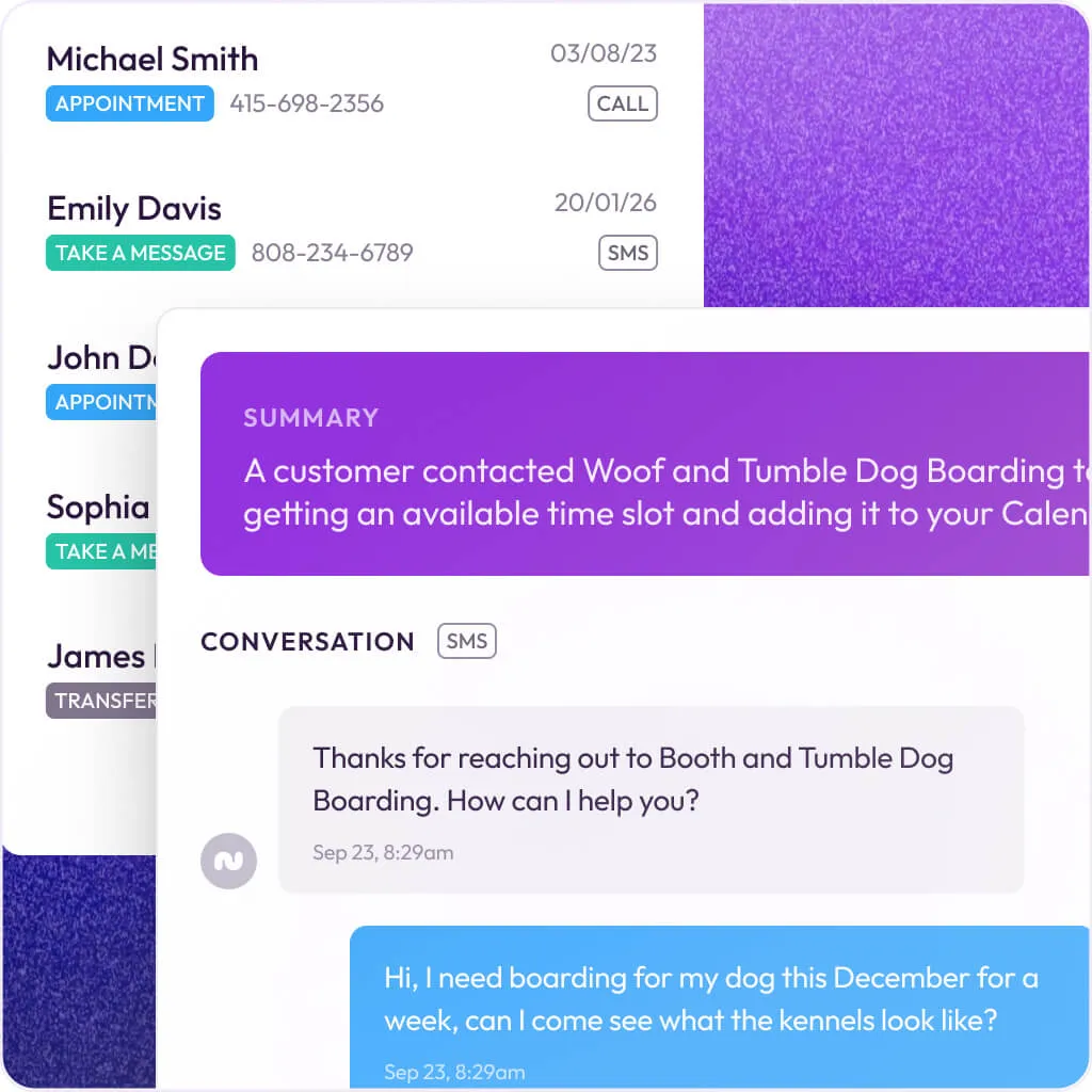 Rosie call summary showing caller name, appointment status, AI-generated conversation summary, and full transcript
