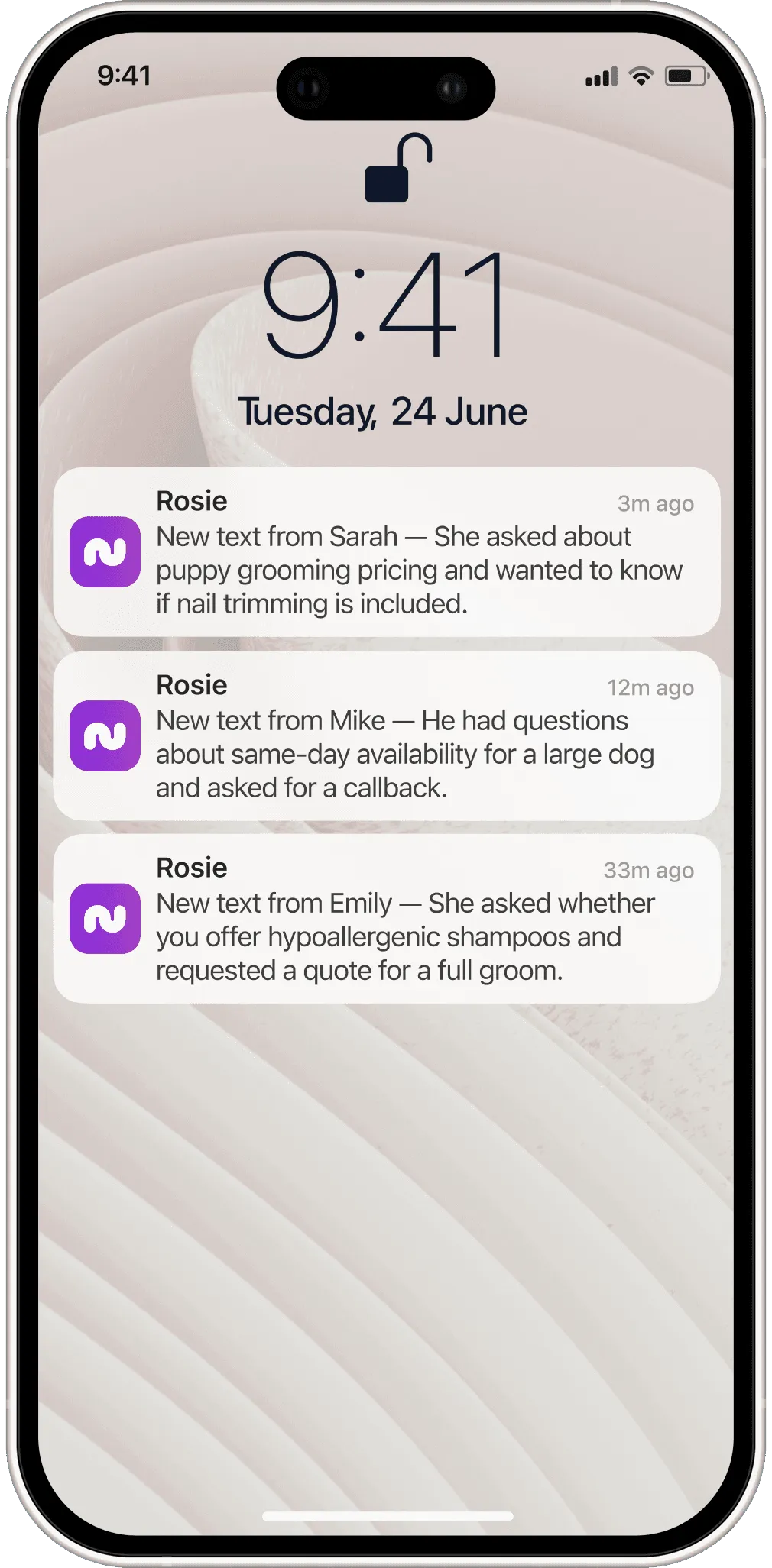 Rosie AI push notifications on an iPhone showing caller names and AI-generated call summaries