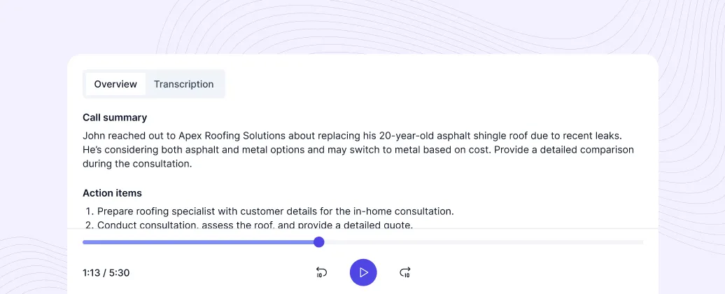 ServiceAgent call summary showing a roofing lead inquiry with AI-generated summary and specific action items for the estimator