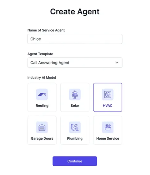 ServiceAgent create agent screen showing industry AI model selection with options for Roofing, Solar, HVAC, Garage Doors, Plumbing, and Home Service