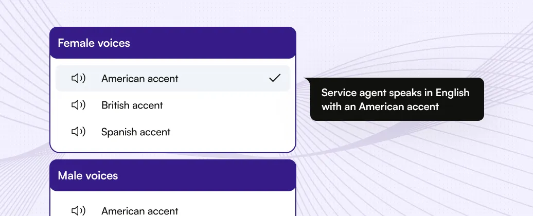 ServiceAgent voice library showing female and male voice options with American, British, and Spanish accent choices