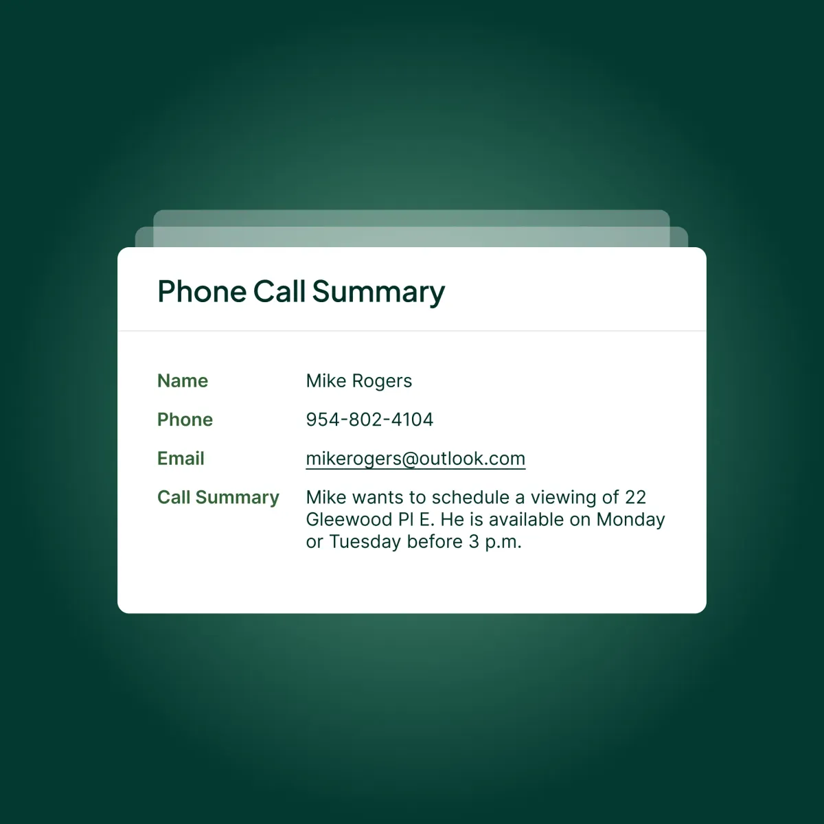 Upfirst call summary dashboard showing caller name, contact info, call transcript, and AI-captured lead details