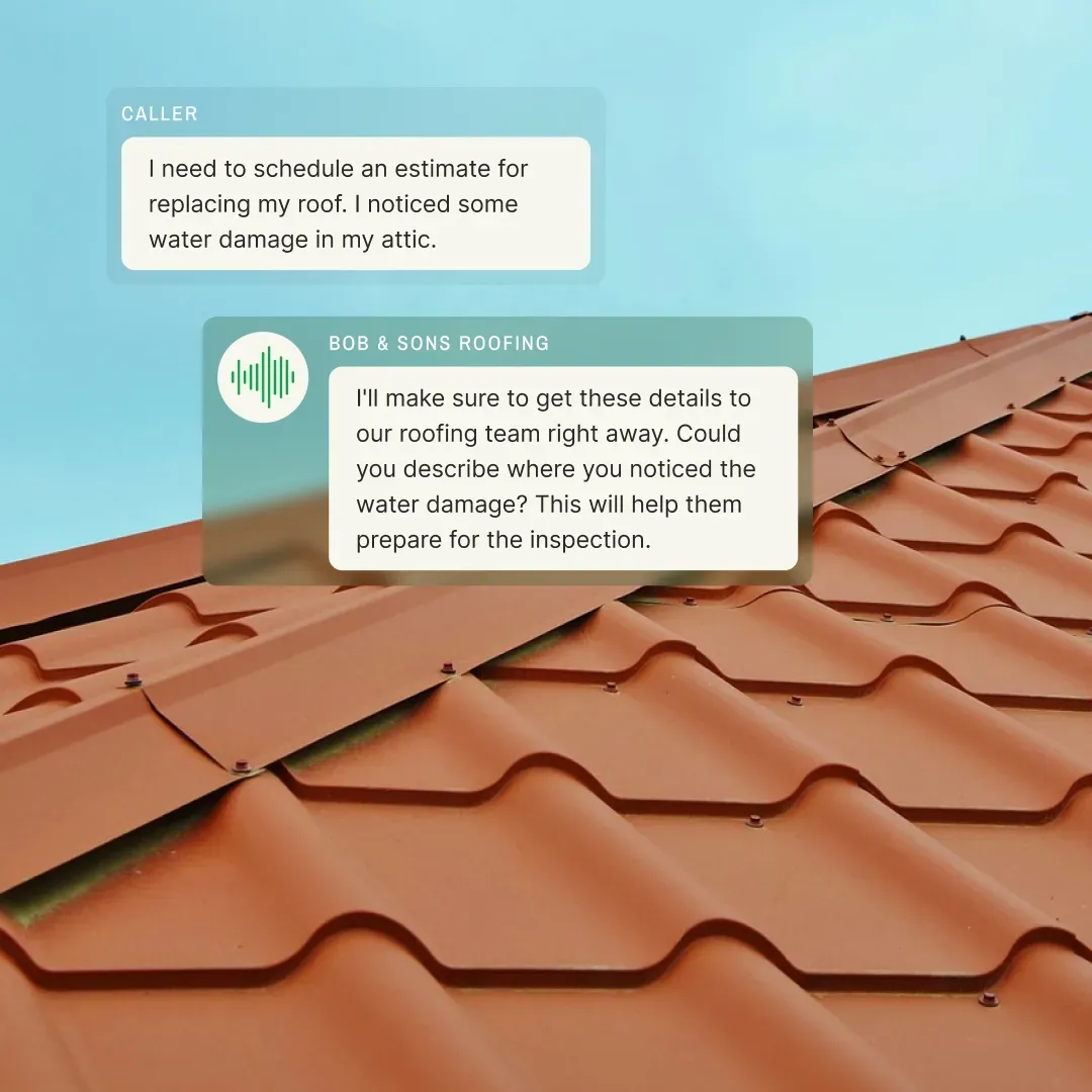 Upfirst AI handling a roofing estimate request — collecting property address, roof type, and insurance status