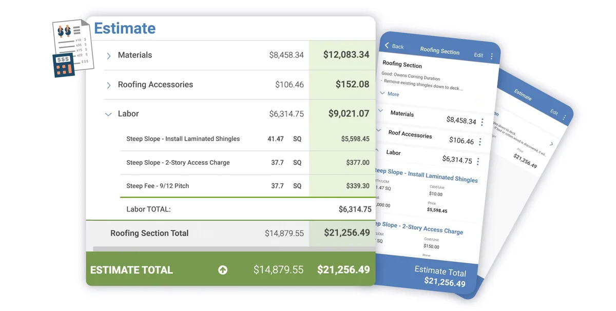 AccuLynx estimate builder showing materials, roofing accessories, and labor line items with quantities, unit prices, and a roofing section total, with the same estimate open on a phone beside it