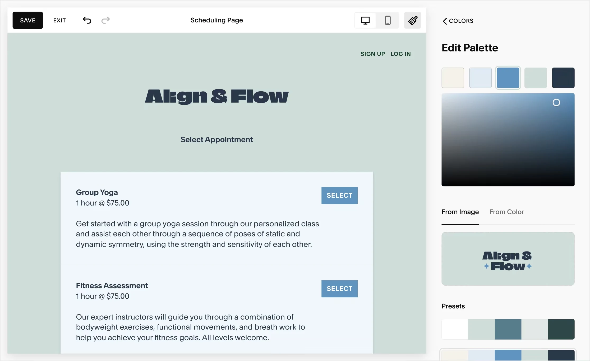 Acuity Scheduling customer-facing booking page rendering on a desktop browser, showing branded calendar with available time slots, professional photography, and a clean self-service appointment selection workflow