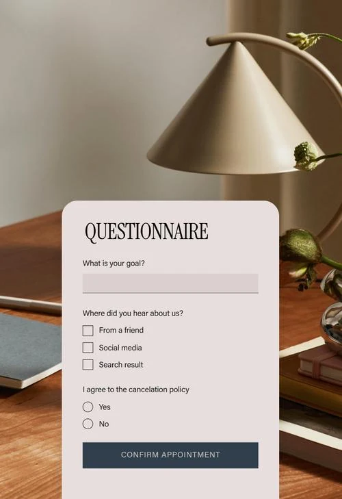 Acuity intake form interface showing a customer Questionnaire with custom fields for goal, referral source, and cancellation policy agreement — demonstrating the conditional intake-form depth that ships on Acuity's Starter tier