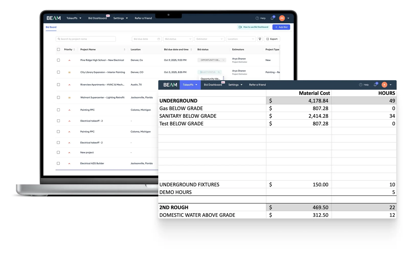 Beam AI Bid Dashboard preview showing a project list with bid statuses, markup percentage controls, total bid value tracking, and trade-by-trade cost roll-ups — the new Series B-funded bid management module launched April 2026