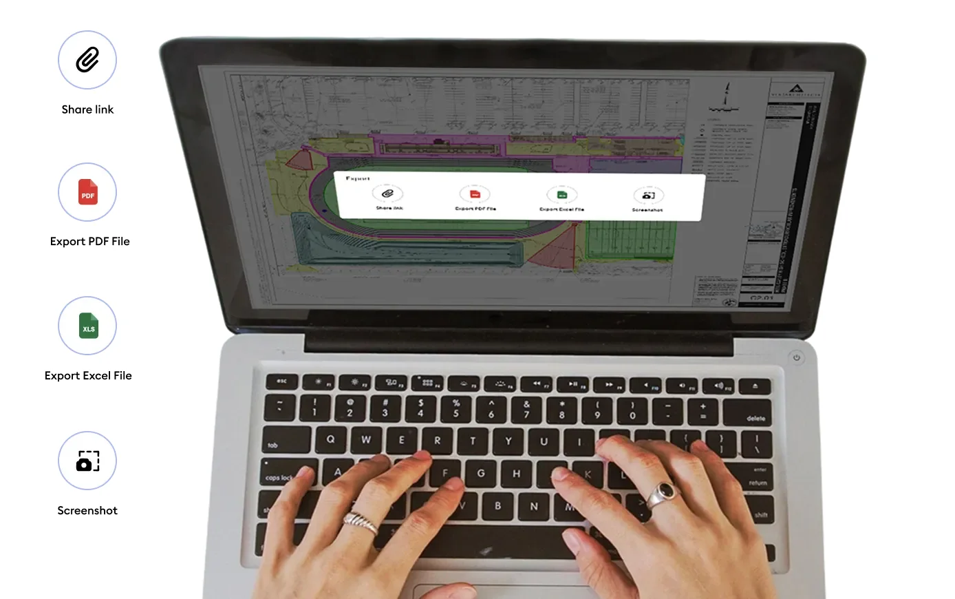 Beam AI export menu overlaid on a completed takeoff showing four output options: Share link, Export PDF File, Export Excel File, and Screenshot — with no native CRM, accounting, or estimating-tool sync options visible