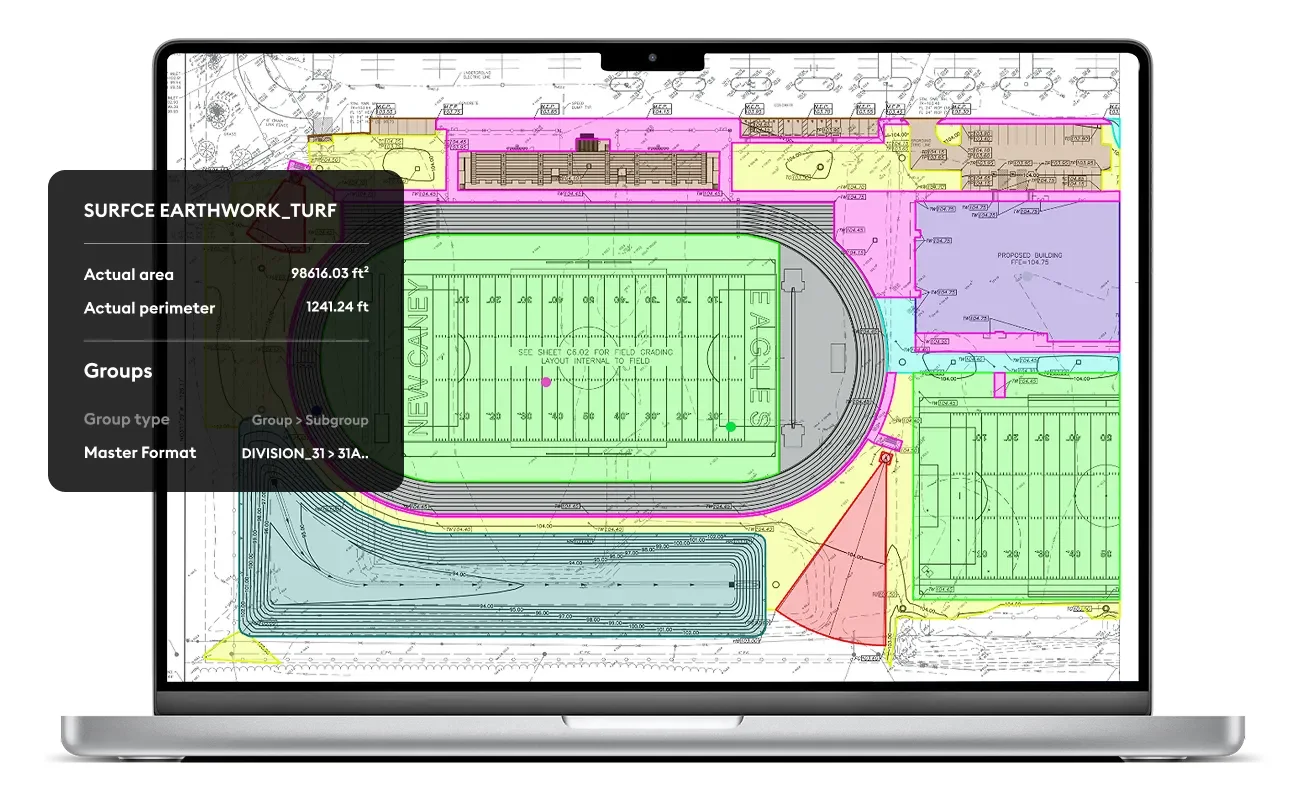 Beam AI color-coded takeoff overlay on an architectural site plan for a high school athletic complex showing measured turf, track, building, and earthwork zones with a side panel reading Surface Earthwork Turf, actual area 98,616.03 square feet, actual perimeter 1,241.24 feet, Master Format Division 31