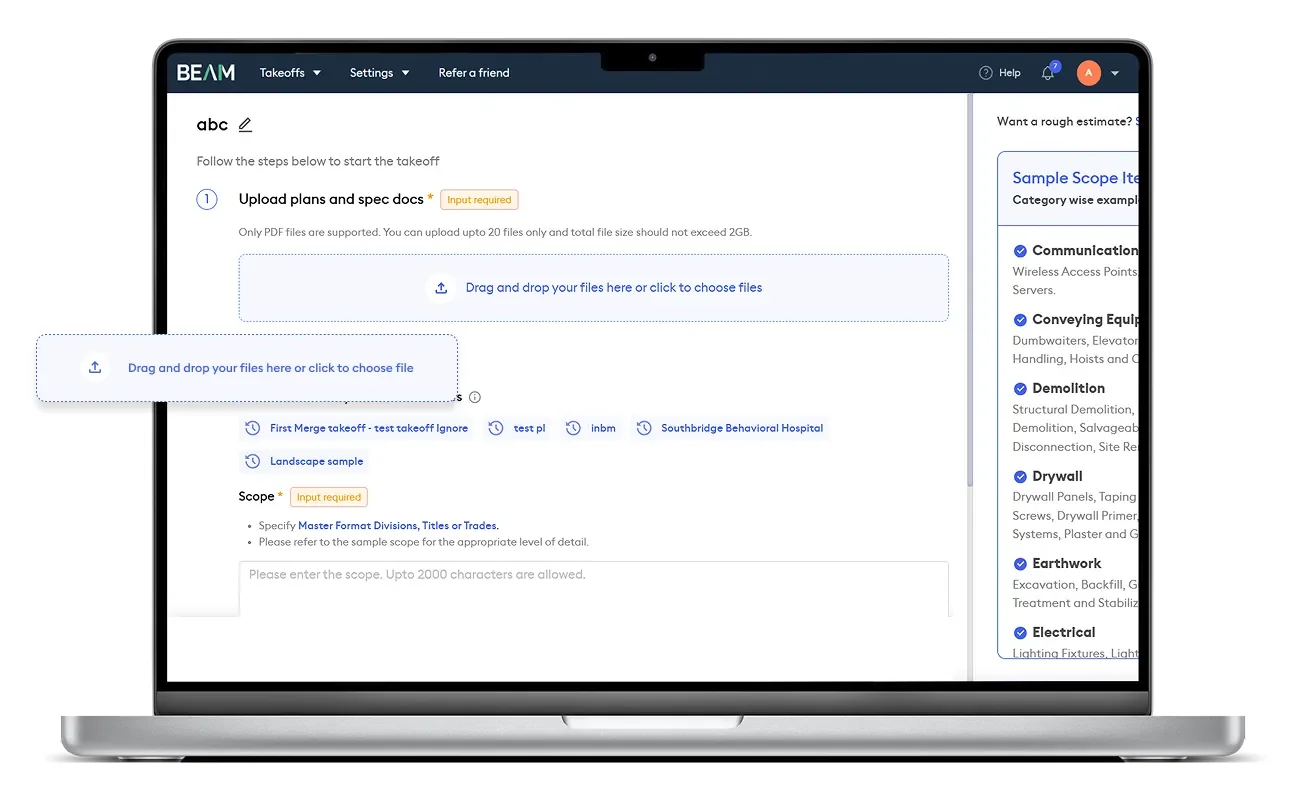 Beam AI takeoff request screen showing the Upload plans and spec docs step with drag-and-drop PDF upload, project naming, and the Sample Scope sidebar listing trade categories Communication, Conveying Equipment, Demolition, Drywall, Earthwork, and Electrical with Master Format division references