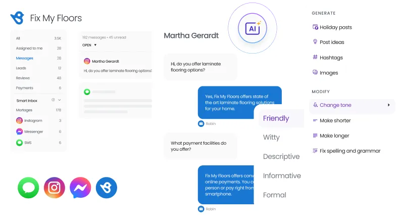 Birdeye Messaging AI showing unified inbox with SMS, webchat, and social messaging