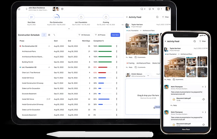 BuilderPad iOS and Android mobile app showing field crew workflow with photo capture, push notifications, and project sync