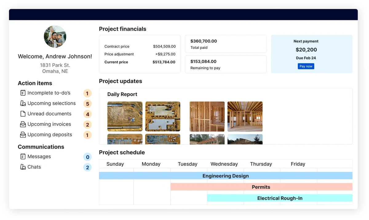 Buildertrend Client Portal homeowner-facing view showing project timeline, photo gallery, recent updates, change orders, and selections summary in a clean dashboard layout