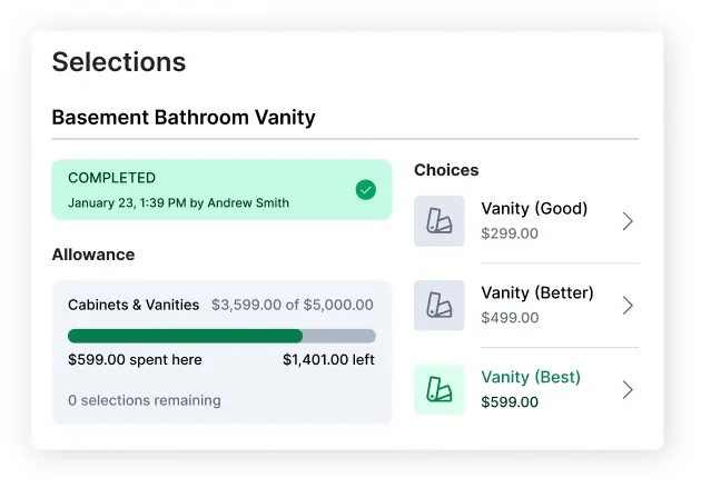 Buildertrend Selections module showing Basement Bathroom Vanity selection with Good Better Best vanity tier choices priced from $299 to $599 plus completed status and Cabinets and Vanities allowance budget tracking