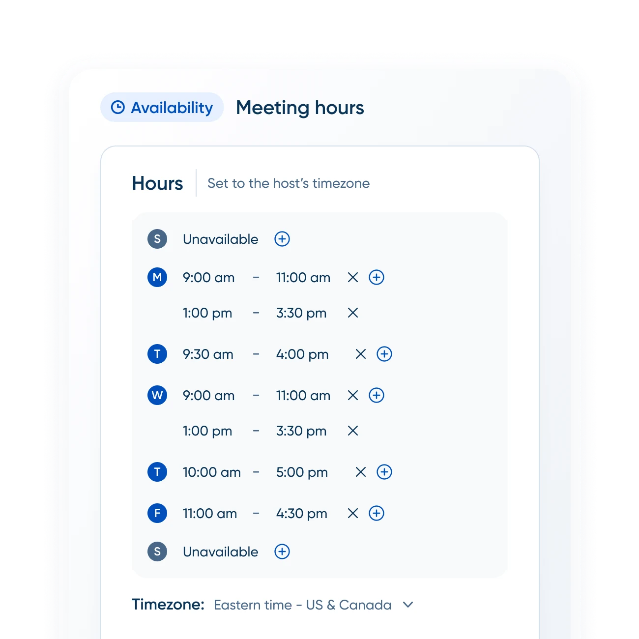 Calendly availability settings panel showing daily working hours configuration with start and end times, buffer-time controls between meetings, and per-day meeting-limit caps that prevent same-day overbooking