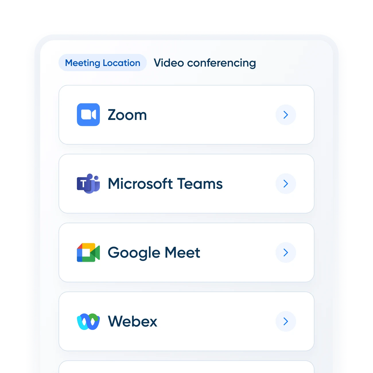 Calendly video conferencing integration panel with Zoom, Google Meet, and Microsoft Teams shown as native one-click connections, alongside per-event-type video tool selection