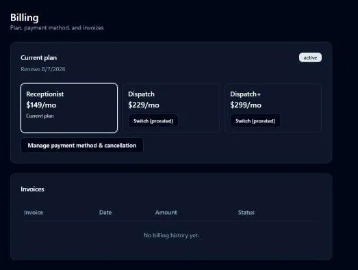 CallsAround billing page showing the current Receptionist plan at $149/mo with Dispatch at $229/mo and Dispatch+ at $299/mo as prorated switch options, a manage payment method and cancellation button, and an empty invoices table