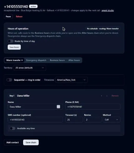 CallsAround line settings showing hours of operation, chain tabs for warm transfer, emergency dispatch, business hours, and after hours, a sequential ring toggle, and one chain step with a contact name, phone, optional SMS number, 25-second timeout, 2 retries, and call method
