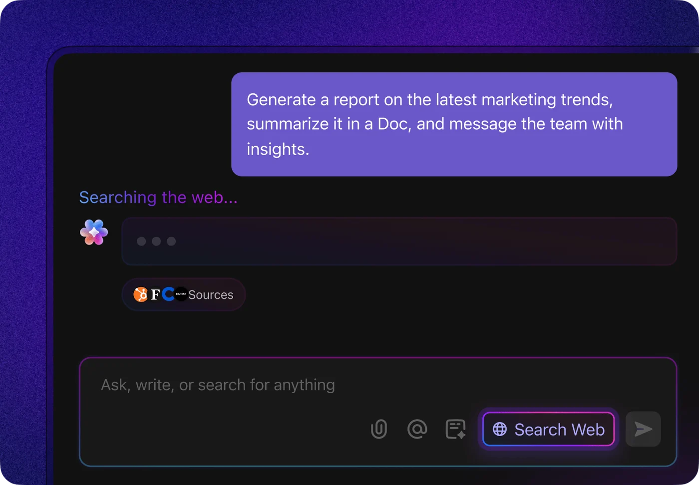 ClickUp Brain Super Agents interface showing autonomous AI teammates handling task creation, content generation, and meeting transcription