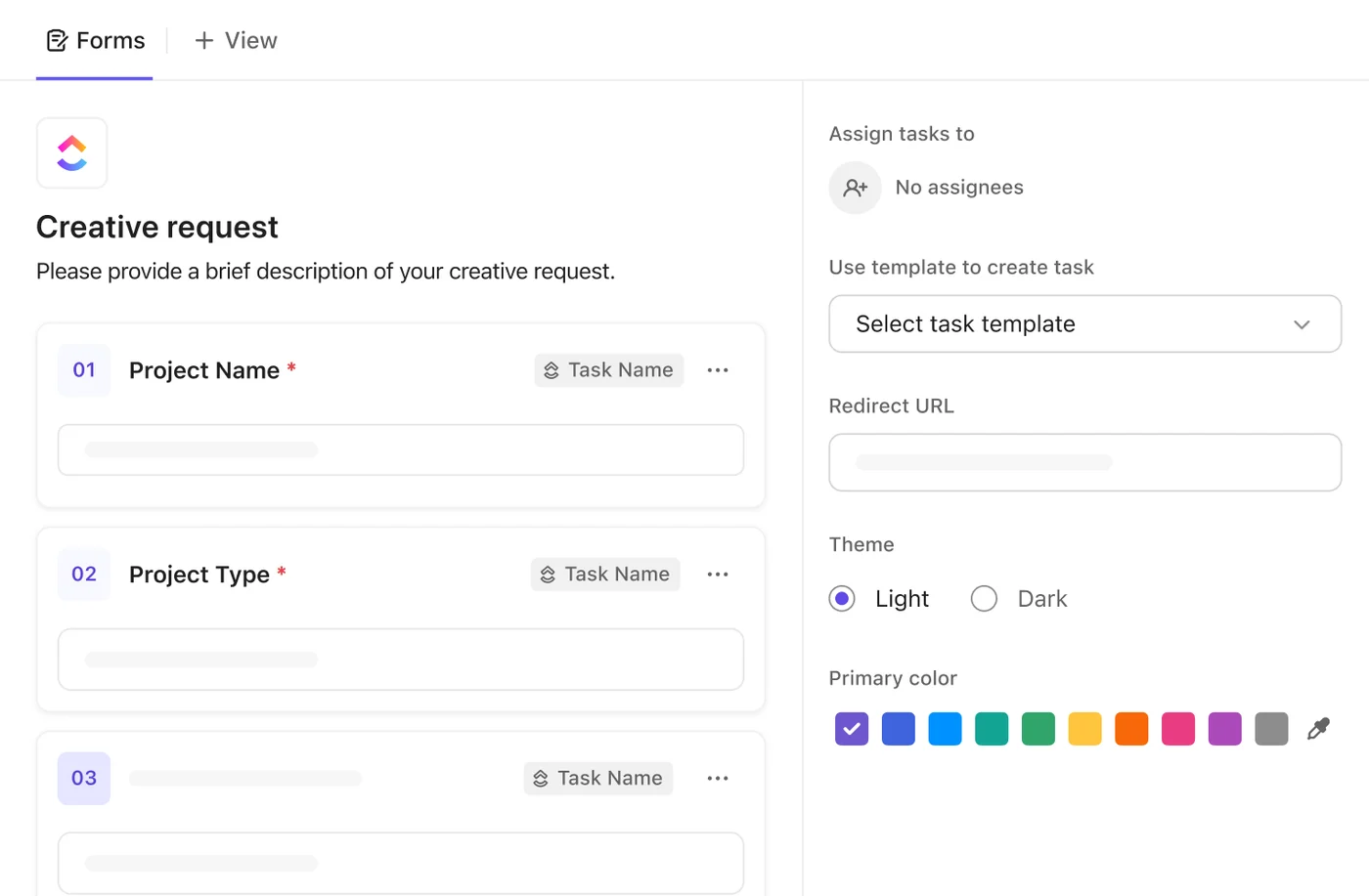 ClickUp custom form configuration showing fields for project, requesting party, urgency, and attachments — used by contractors for RFI submission and change-order workflows
