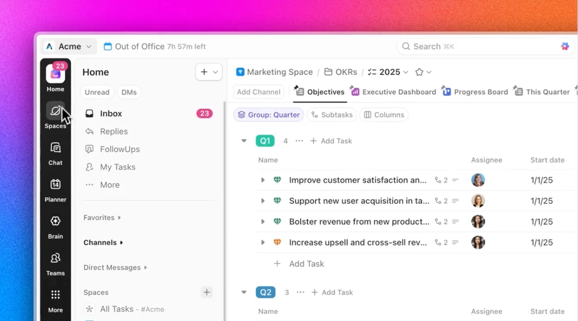 ClickUp 4.0 unified sidebar showing Tasks, Docs, Chat, Whiteboards, Dashboards, and Calendar in a single navigation surface