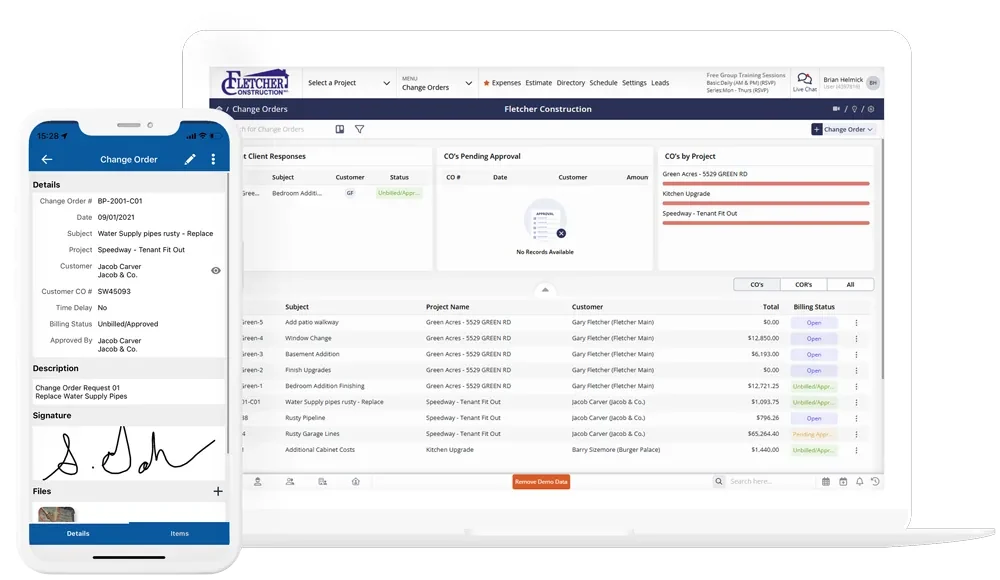 Contractor Foreman Change Orders module showing client responses dashboard, pending approval, change orders by project, and a mobile change order form with customer signature capture