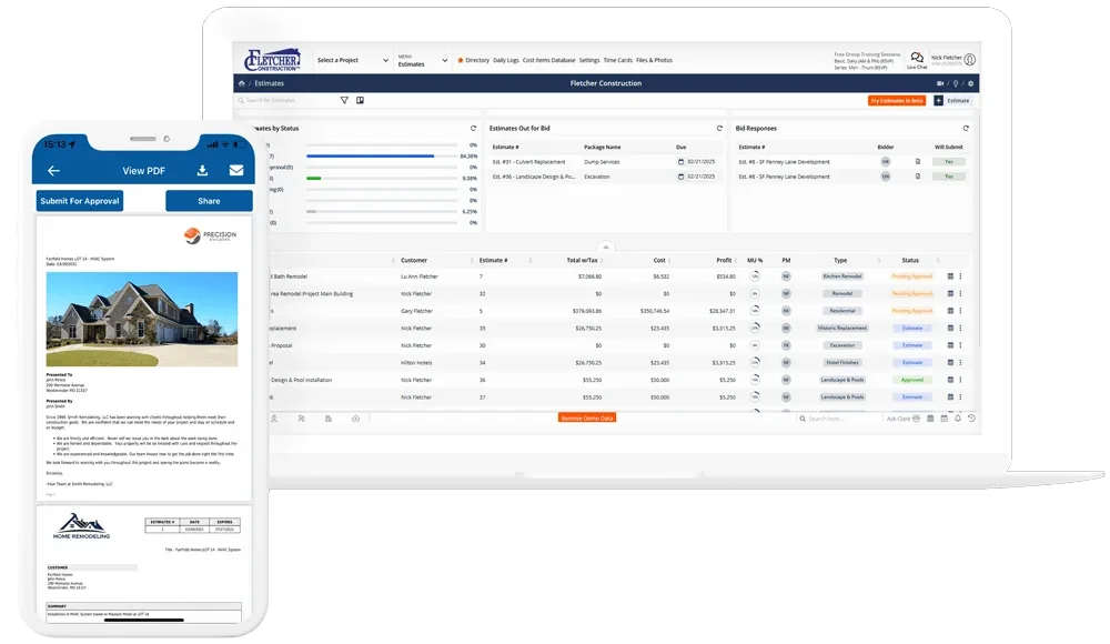 Contractor Foreman estimates dashboard showing estimates by status, out-for-bid packages, bid responses, and a line-item estimate list with customer, total, cost, profit, and margin columns — laptop + phone mockup