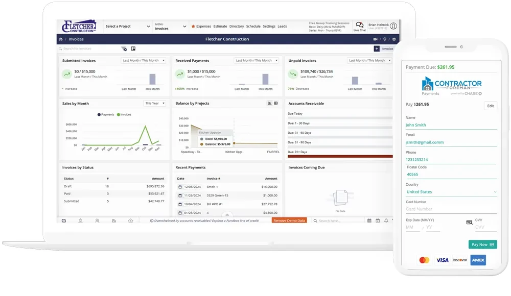 Contractor Foreman invoicing module showing invoice dashboard, line items, and payment tracking with laptop and mobile mockup