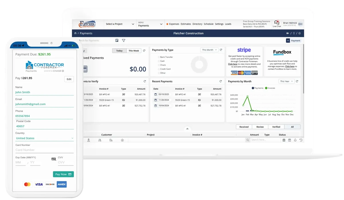 Contractor Foreman payments module showing online payment acceptance, transaction dashboard, and Stripe integration