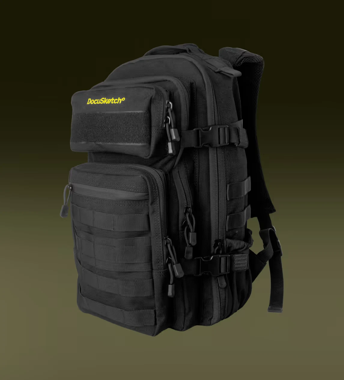 The DocuSketch Tactical Backpack hero photo — a black tactical-style equipment backpack designed for restoration crews to transport the DS1 camera, tripod, LED work-light, and accessories between job sites, with the DocuSketch wordmark visible on the side