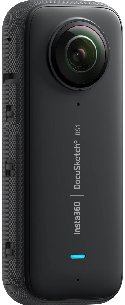 The DocuSketch DS1 360-degree camera shown vertically against a white background — a compact handheld 360 camera built on Insta360 hardware and pre-configured for restoration field documentation, 180 grams, IP-rated waterproof to 10 meters