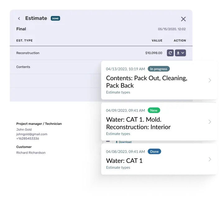 A DocuSketch product graphic showing the estimating service workflow — a Xactimate-style estimate document with line items, measurements, and pricing structured for insurance-compliant restoration claim submission, generated by DocuSketch's certified estimator team