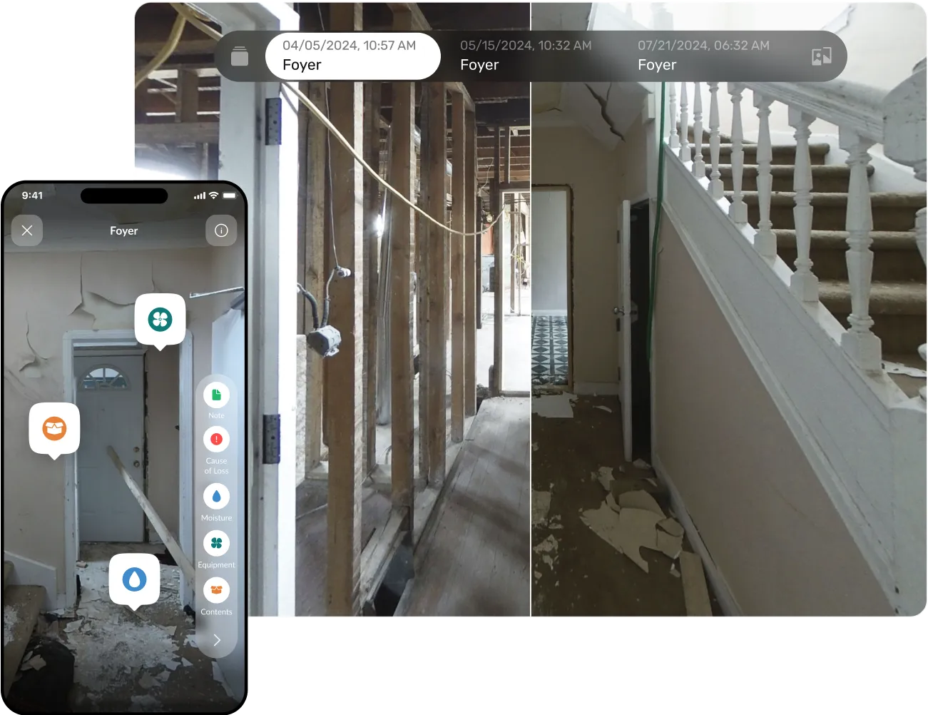 A DocuSketch product graphic showing a smartphone displaying the captured 360 tour interface alongside the DocuSketch web application — illustrating the upload workflow from field capture to web-based sketch request, with restoration room imagery visible