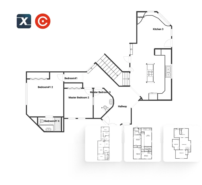 A DocuSketch product graphic showing a digital floor plan with room dimensions, cabinets, fixtures, and structural details — the Xactimate-ready ESX file deliverable that DocuSketch generates from the 360 capture, with the floor plan rendered cleanly with measurements and labels