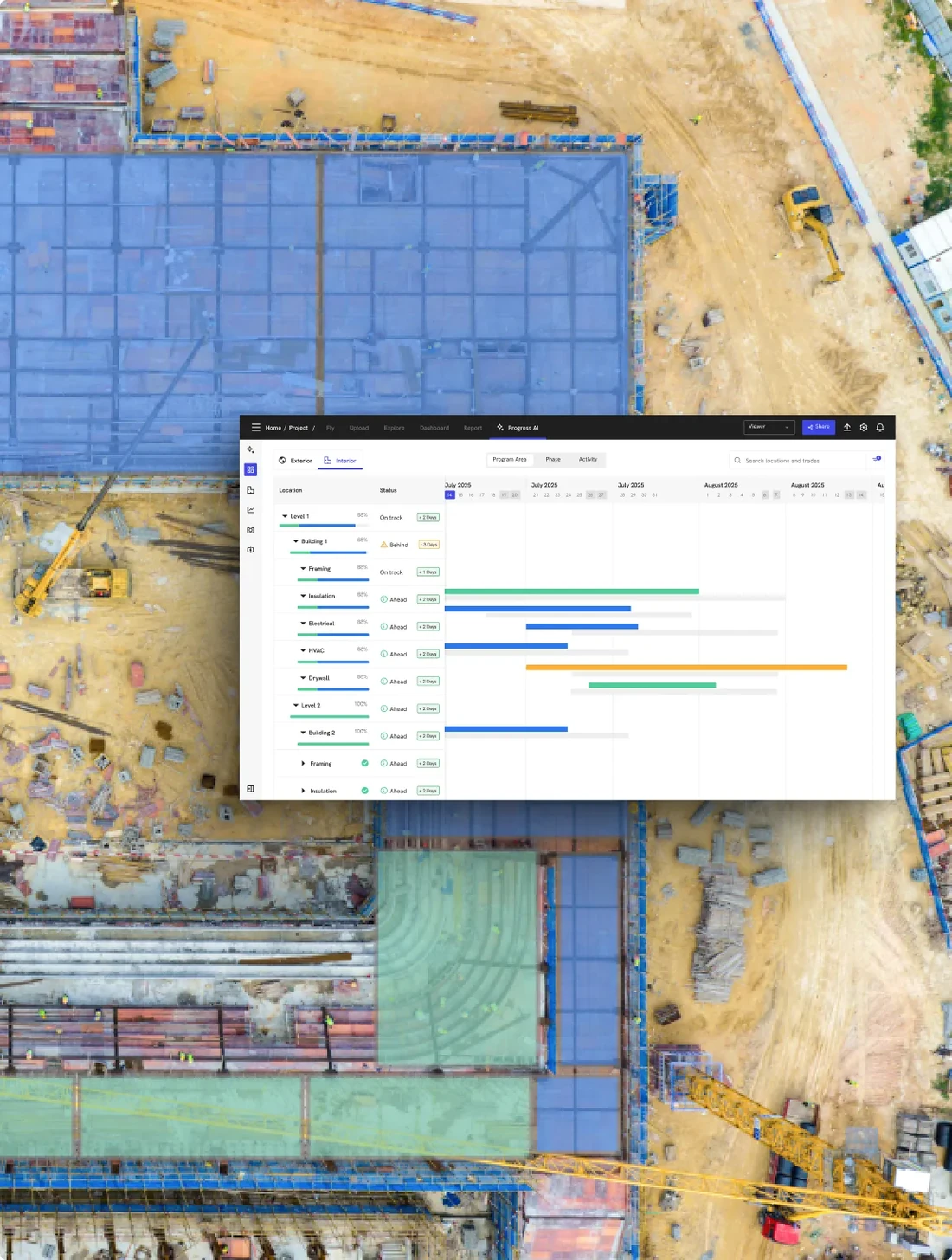 DroneDeploy Progress AI dashboard view showing an aerial photograph of a commercial construction site with semi-transparent blue BIM overlay covering the building footprint to indicate planned versus actual construction state, with a darker grid pattern visible underneath showing the building structure being tracked
