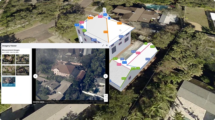 EagleView Complete Exterior 3D model viewer showing an aerial view of a home with roof and wall measurements overlaid in color-coded labels, alongside an Imagery Viewer panel showing the underlying aerial photography