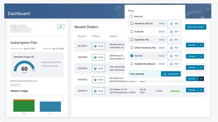 EagleView One dashboard UI showing the Subscription Plan card with monthly usage meter (60 reports, 6 remaining, 6 days remaining), Recent Orders table with report IDs and property addresses, and a Files dialog offering OBJ, DXF, XML, PDF, and Roof 3D download formats