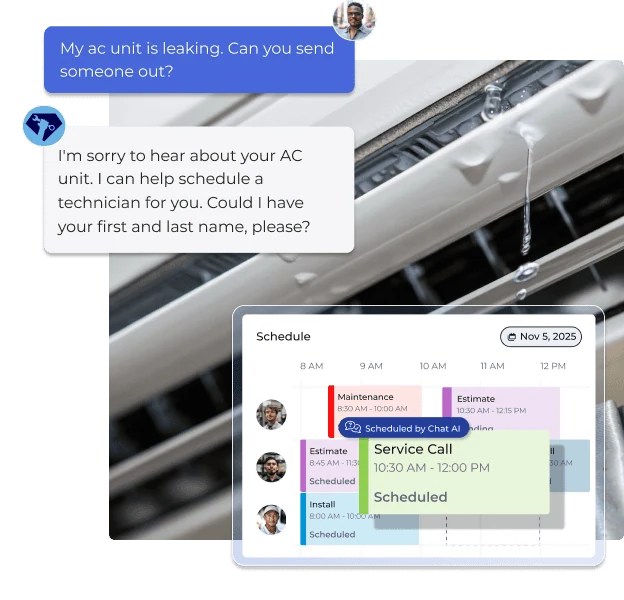 FieldPulse Chat AI website chatbot widget showing a homeowner asking about HVAC maintenance pricing, the AI responding with brand-matched styling, qualifying the lead with follow-up questions about property type and urgency, and offering to schedule directly