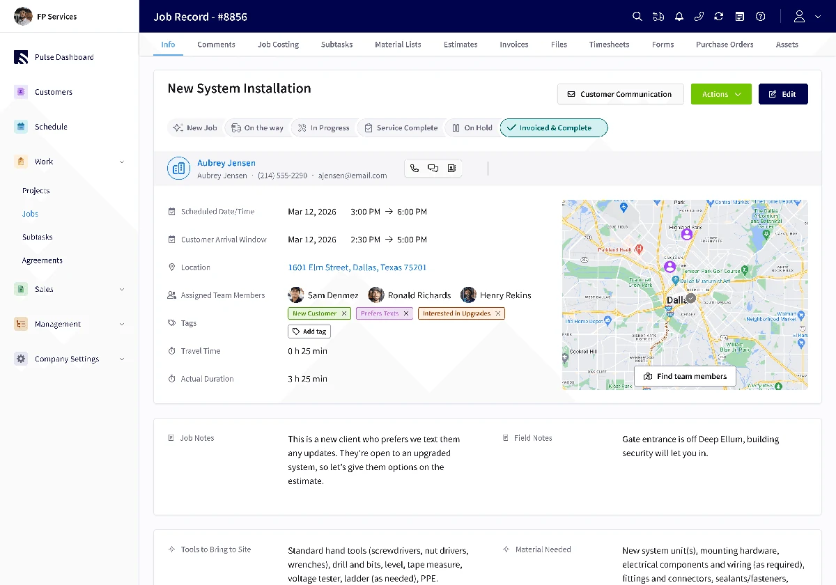 FieldPulse desktop dashboard showing the work order management interface with ClearPath guided workflow steps, customer information panel, scheduled appointments timeline, and real-time job status indicators across multiple active service jobs